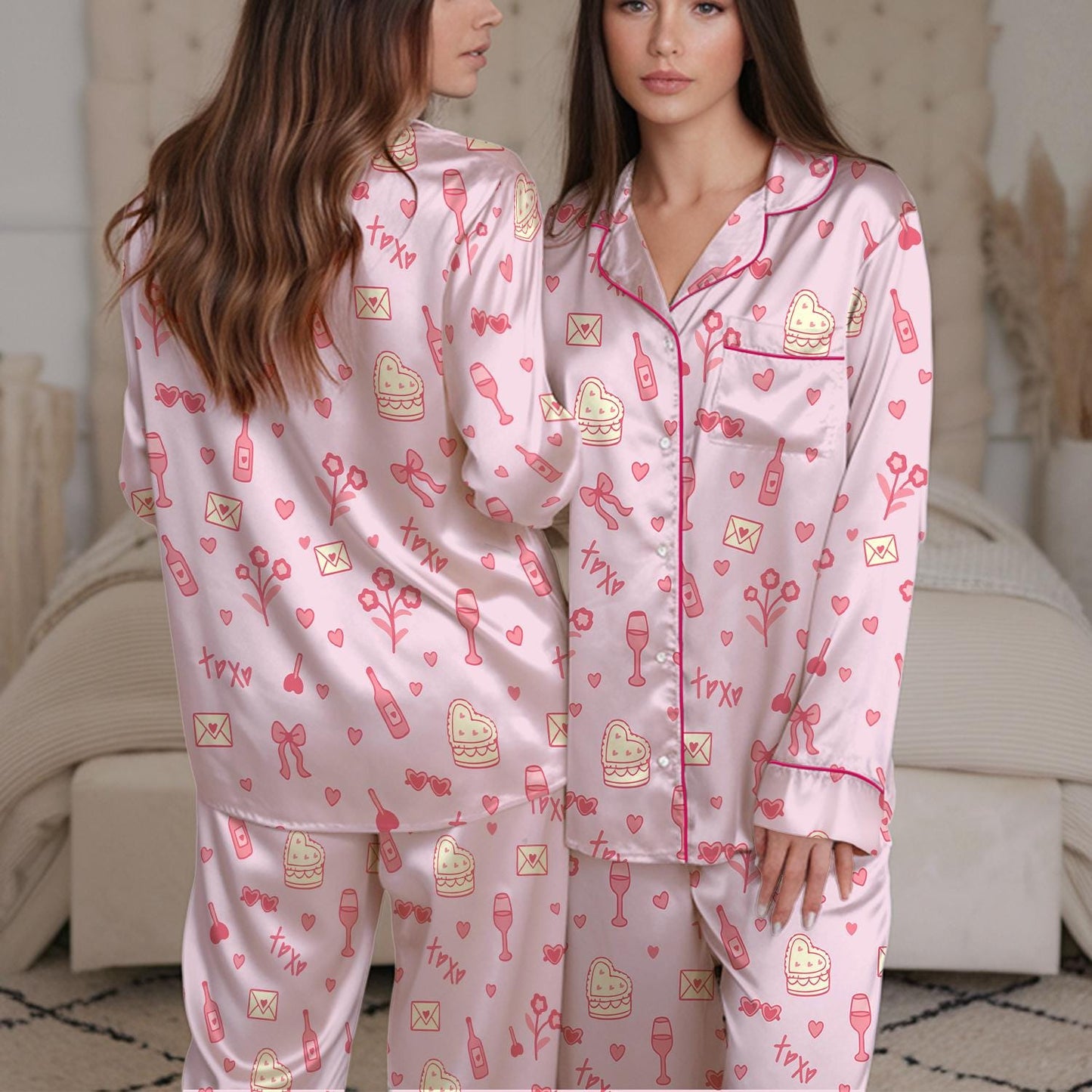 Love Aesthetic Pajama Set, Heart Cakes Coquette Sleepwear, Valentine's Day Loungewear Set, Hearts Valentine Holiday Pajamas, Girly  Pjs