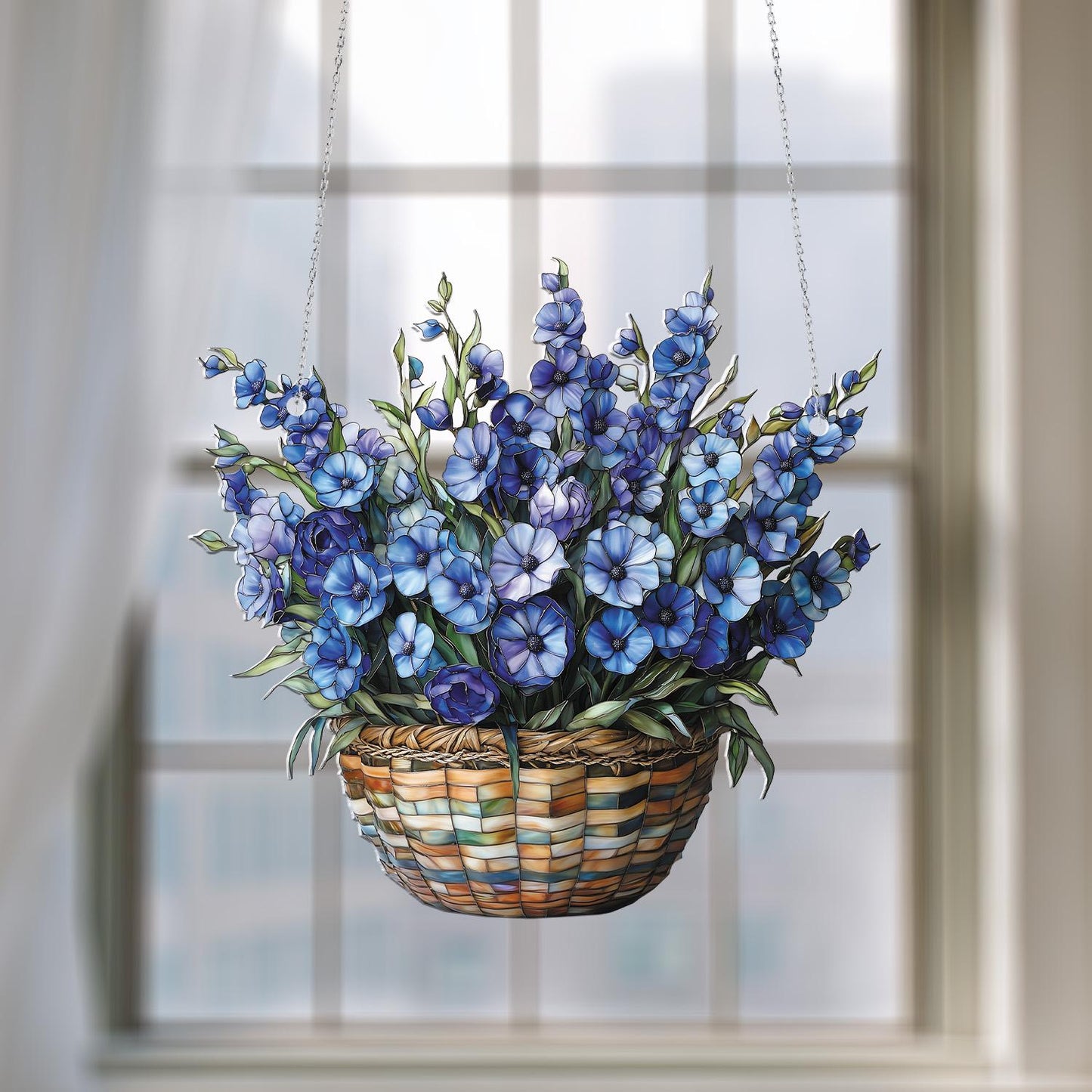 Blue Floral Window Hanging – Elegant Basket Flower Window Decoration, Unique Hanging Art for Home, Living Room, Bedroom & Gift