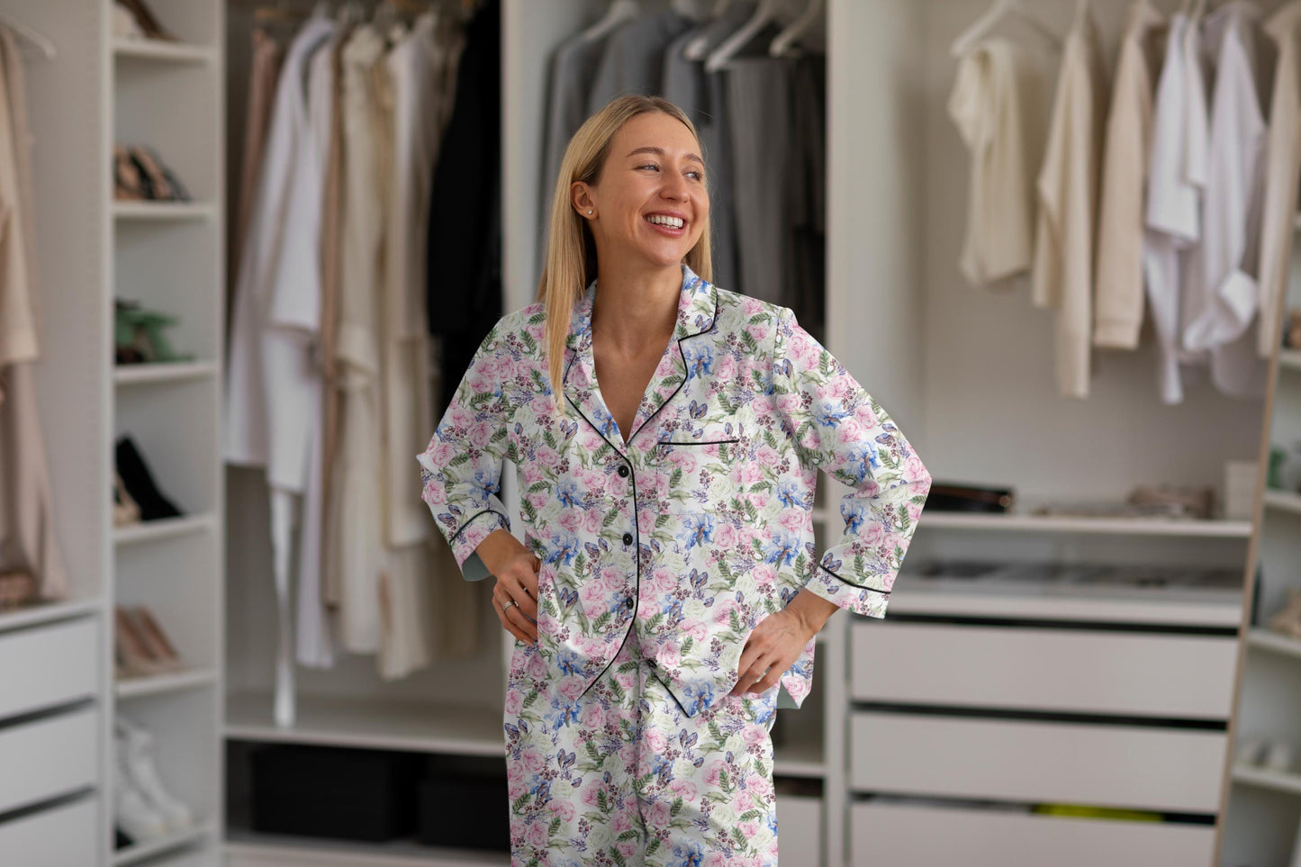 Romantic Watercolor Floral Bridal Pajama Set • Garden Wedding Sleepwear • Bridesmaid Gift • Satin Lounge Set with Roses & Leaves