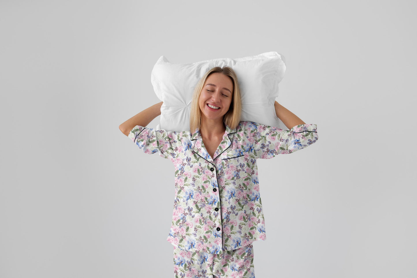 Romantic Watercolor Floral Bridal Pajama Set • Garden Wedding Sleepwear • Bridesmaid Gift • Satin Lounge Set with Roses & Leaves