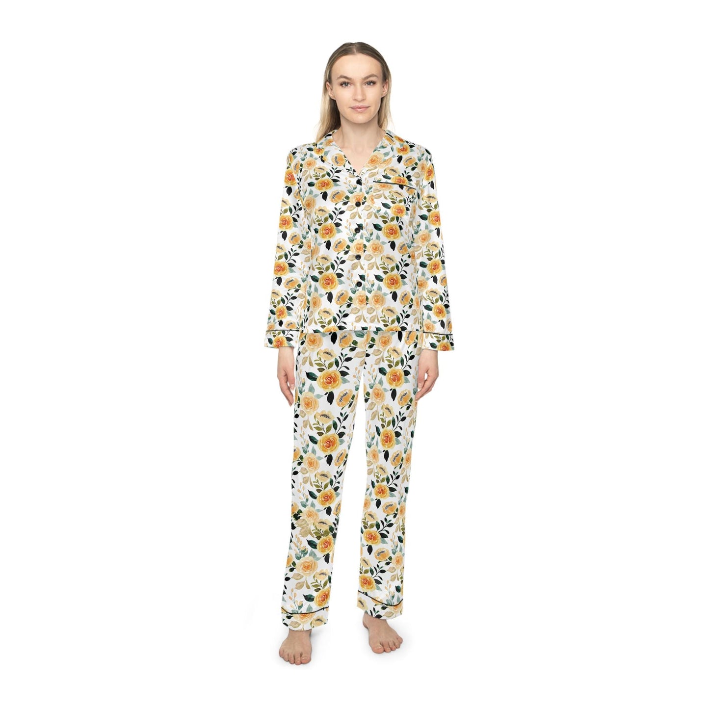 Yellow Floral Bridal Pajama Set – Satin Bride Pajamas for Getting Ready, Bridesmaid Pajamas, Wedding PJs, Bridal Shower Gift, Lemon Bridal