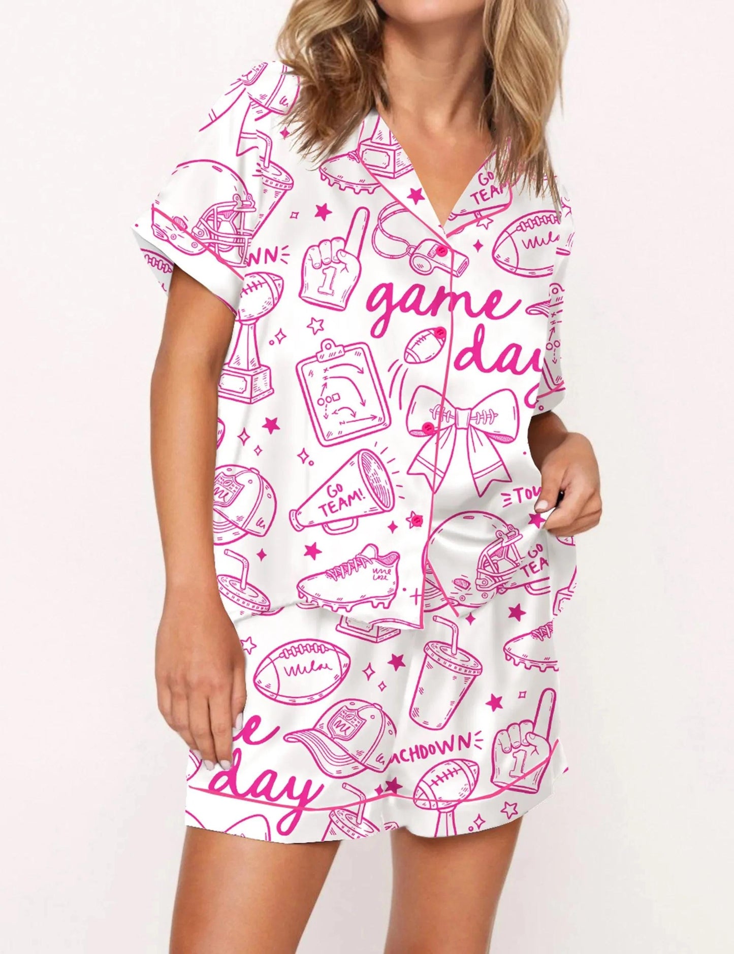 Football Doodles Game Day Silky Satin Pajama Set For Women  Pajamas Set