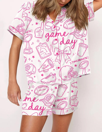 Football Doodles Game Day Silky Satin Pajama Set For Women  Pajamas Set