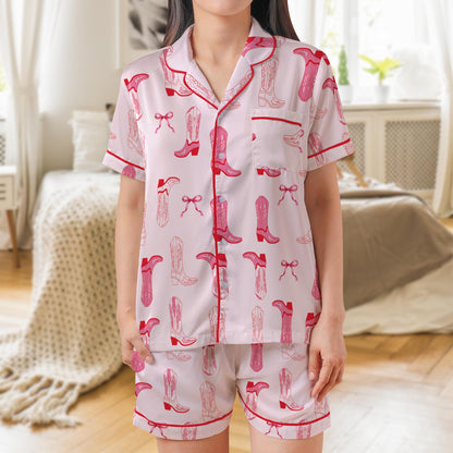 Pink Bow Cowgirl Boots Pajama Set, Country Concert Sleepwear, Western Graphic Loungewear Set, Coquette Bow Pajamas, Coquette Aesthetic