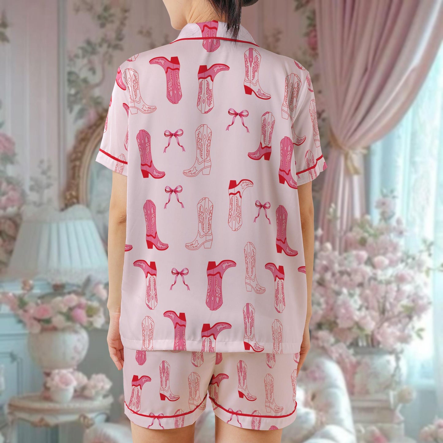Pink Bow Cowgirl Boots Pajama Set, Country Concert Sleepwear, Western Graphic Loungewear Set, Coquette Bow Pajamas, Coquette Aesthetic
