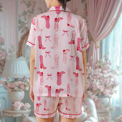 Pink Bow Cowgirl Boots Pajama Set, Country Concert Sleepwear, Western Graphic Loungewear Set, Coquette Bow Pajamas, Coquette Aesthetic