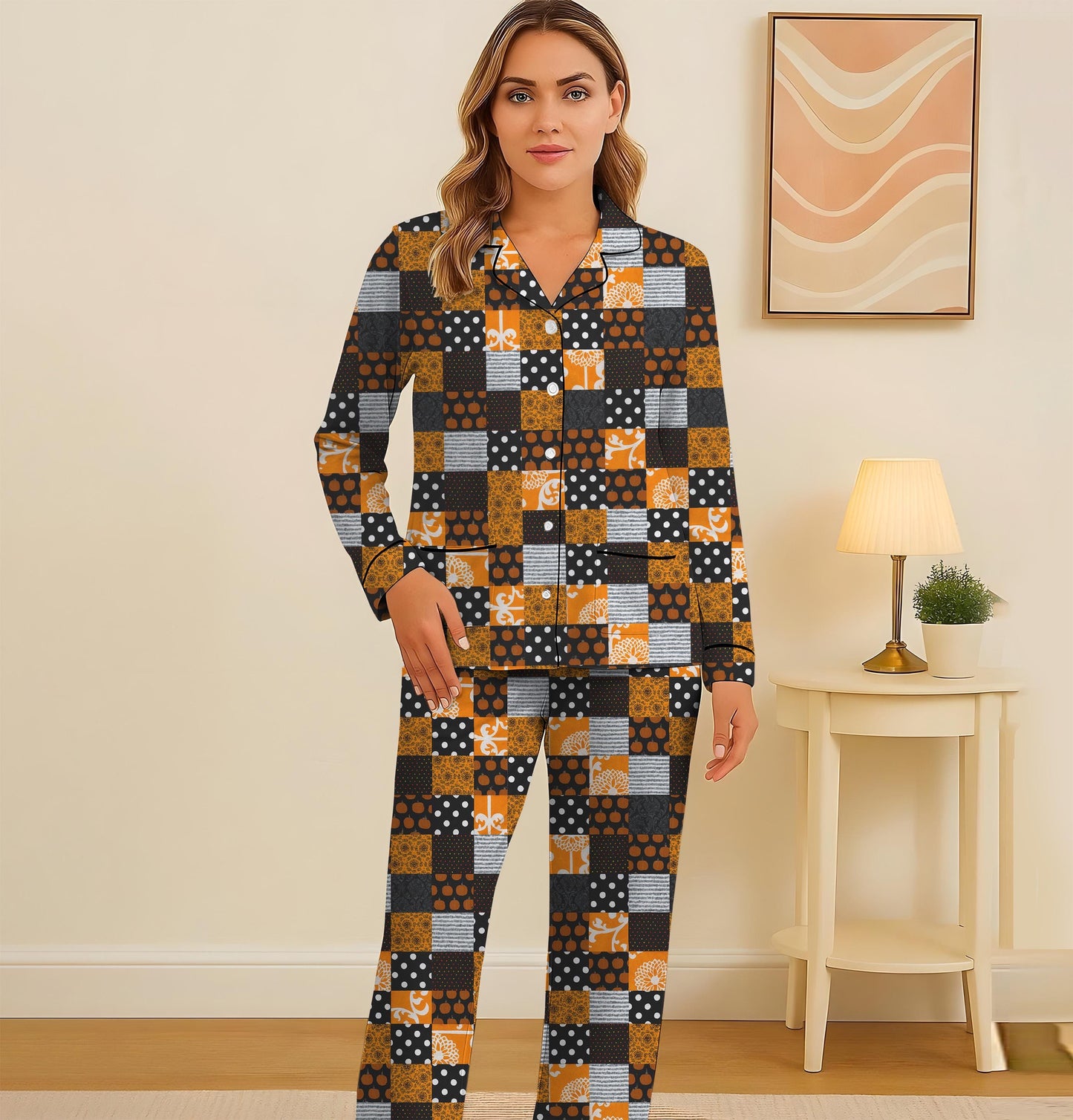 Plaid Patchwork Halloween Pajamas Set, Black Orange Cozy Sleepwear, Cute Spooky Night Lounge Set, Spooky Season Gift