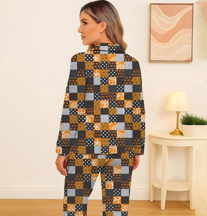 Plaid Patchwork Halloween Pajamas Set, Black Orange Cozy Sleepwear, Cute Spooky Night Lounge Set, Spooky Season Gift