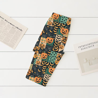 Halloween Pumpkin Patchwork Pajamas Set, Pumpkin Bat Sleepwear, Halloween Pattern Homewear, Spooky Season Gift