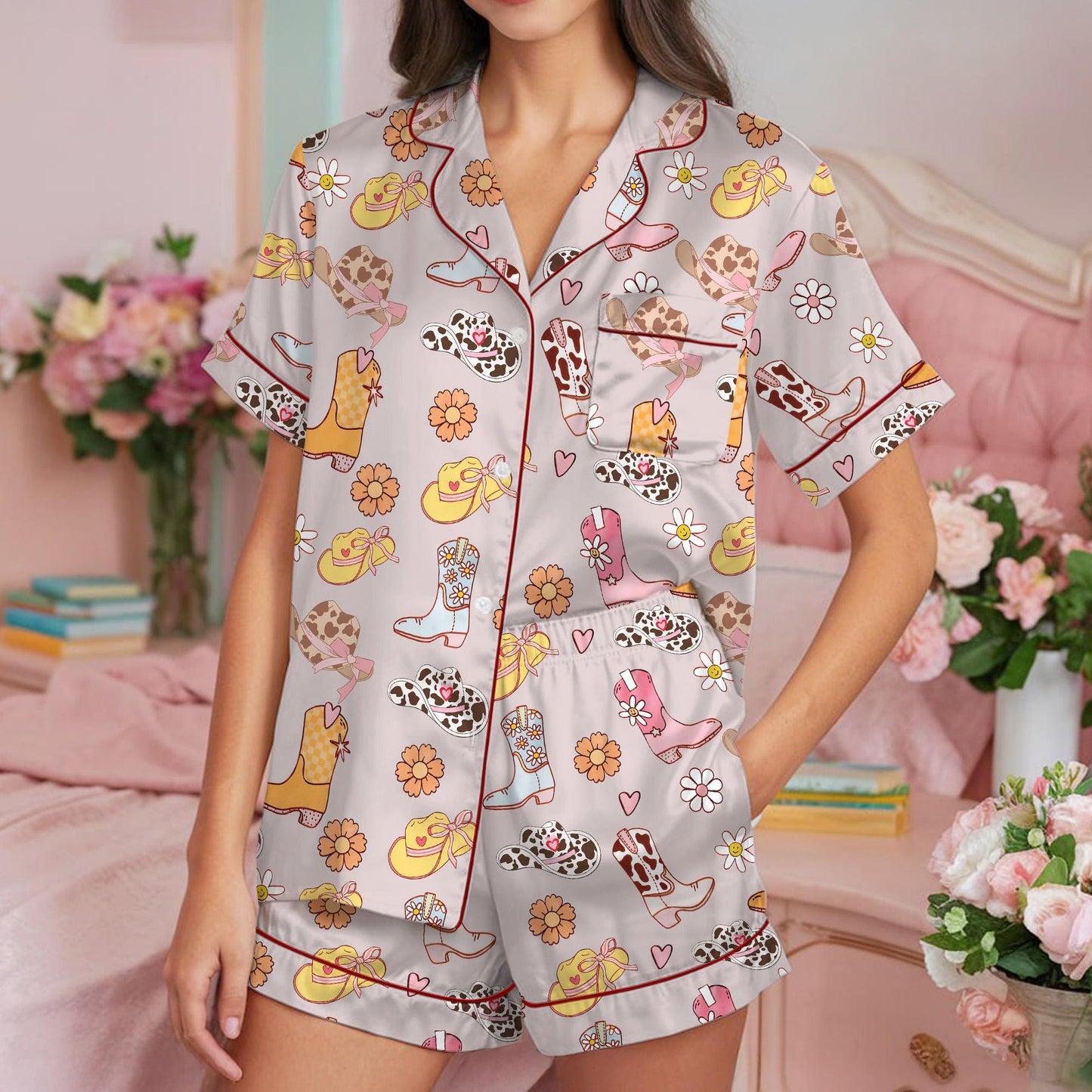 Cowgirl Boots Pajama Set, Cowgirl Hat Sleepwear, Western Loungewear Set, Boots And Hat Country Pajamas, Rodeo, Let's Go Girls, Disco Cowgirl