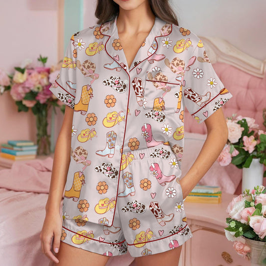 Cowgirl Boots Pajama Set, Cowgirl Hat Sleepwear, Western Loungewear Set, Boots And Hat Country Pajamas, Rodeo, Let's Go Girls, Disco Cowgirl
