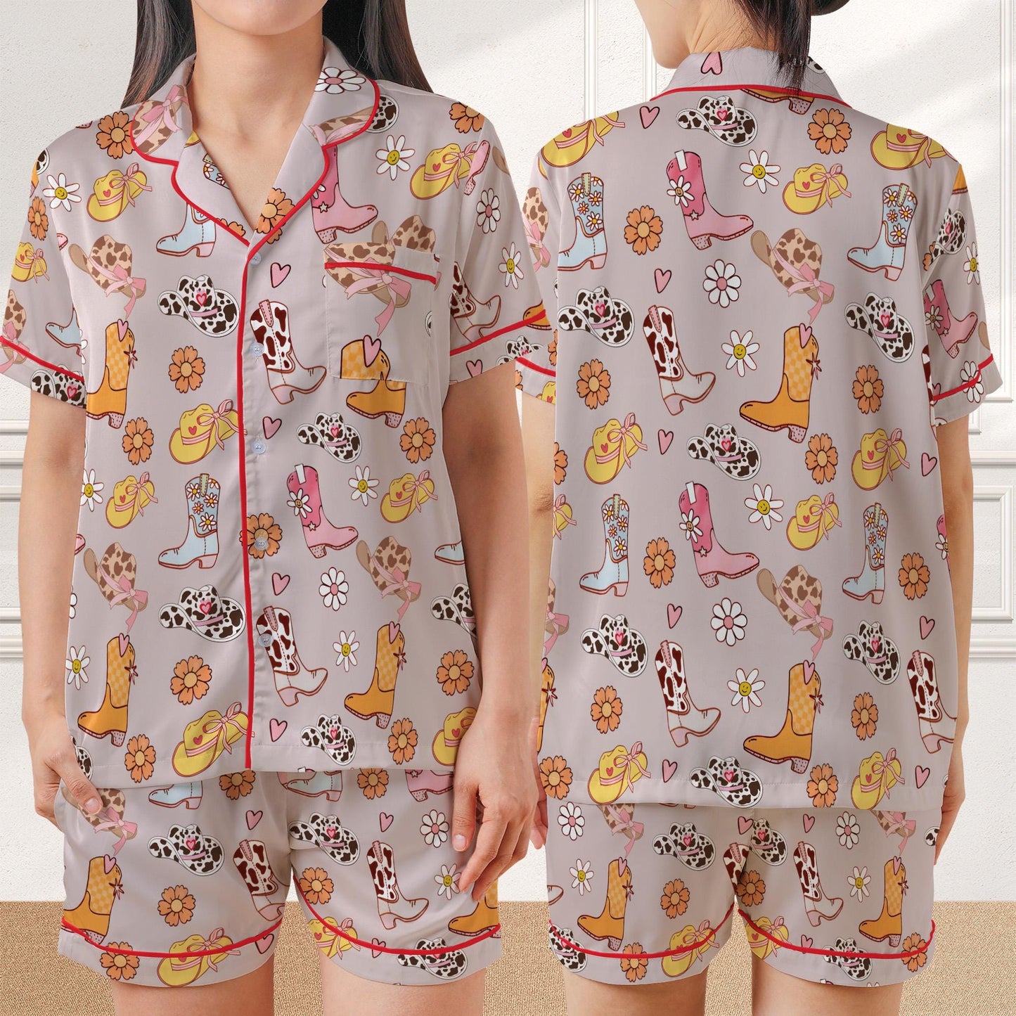 Cowgirl Boots Pajama Set, Cowgirl Hat Sleepwear, Western Loungewear Set, Boots And Hat Country Pajamas, Rodeo, Let's Go Girls, Disco Cowgirl