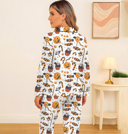 Halloween Candy Pumpkin Skull Cake Pajamas Set, Halloween Pattern Sleepwear, Spooky Homewear, Cozy Loungewear, Spooky Season Gift