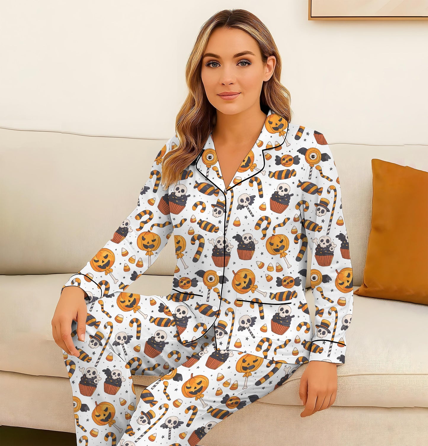 Halloween Candy Pumpkin Skull Cake Pajamas Set, Halloween Pattern Sleepwear, Spooky Homewear, Cozy Loungewear, Spooky Season Gift