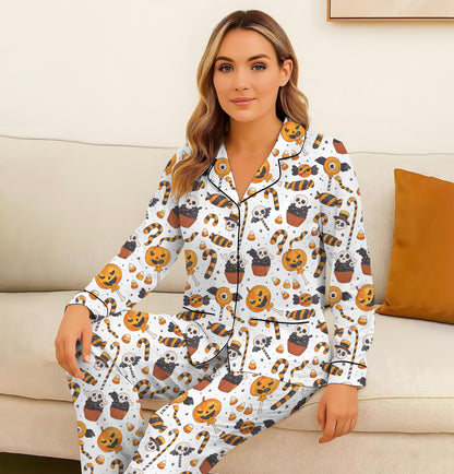 Halloween Candy Pumpkin Skull Cake Pajamas Set, Halloween Pattern Sleepwear, Spooky Homewear, Cozy Loungewear, Spooky Season Gift