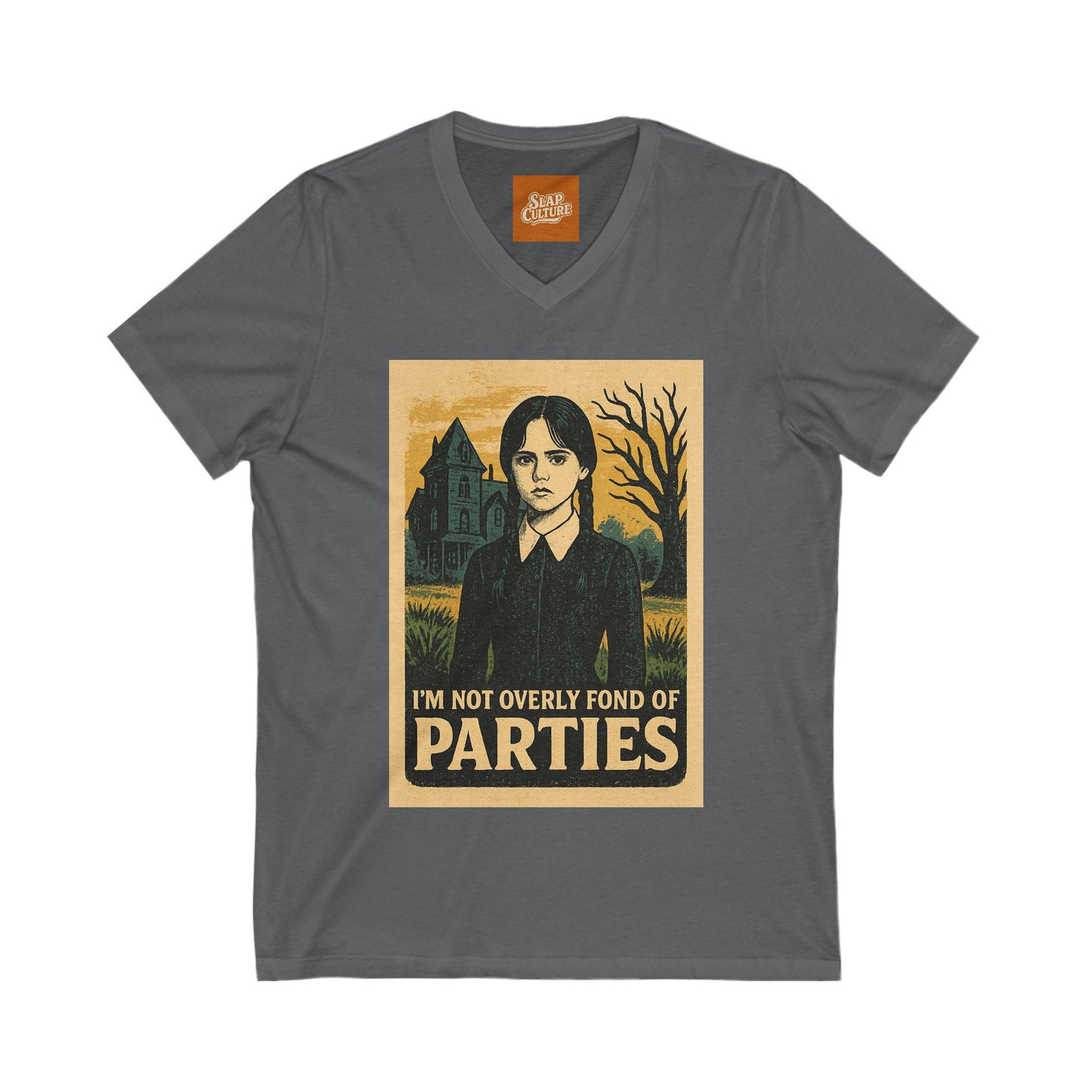 T Shirt featuring Wednesday Addams Im not fond of parties. Unisex soft cotton.