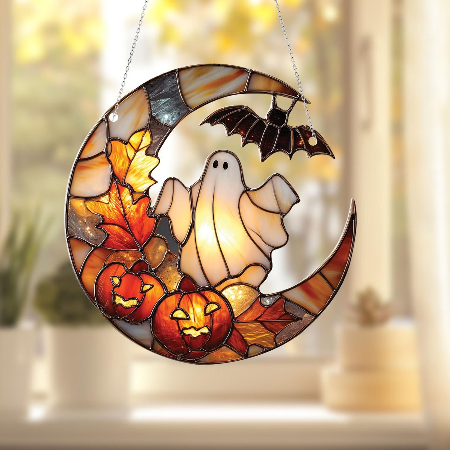 Ghost, Pumpkin, and Bat on Crescent Moon Window Hanging, Halloween Fall Decor, Handcrafted Acrylic Ornament, Perfect for Spooky Home Decor