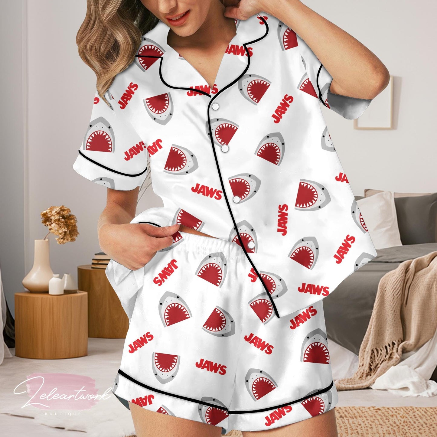 Jaws Cartoon Fanart Pajama | Funny Shark & Boat Print Sleepwear | Lightweight Summer PJs | Movie-Inspired Gift | Ocean Lover