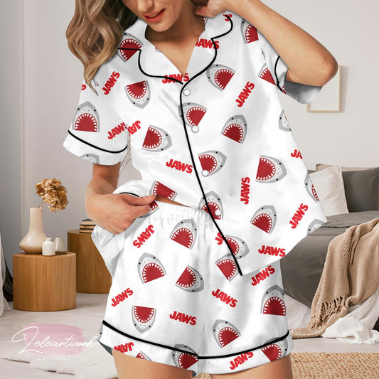 Jaws Cartoon Fanart Pajama | Funny Shark & Boat Print Sleepwear | Lightweight Summer PJs | Movie-Inspired Gift | Ocean Lover