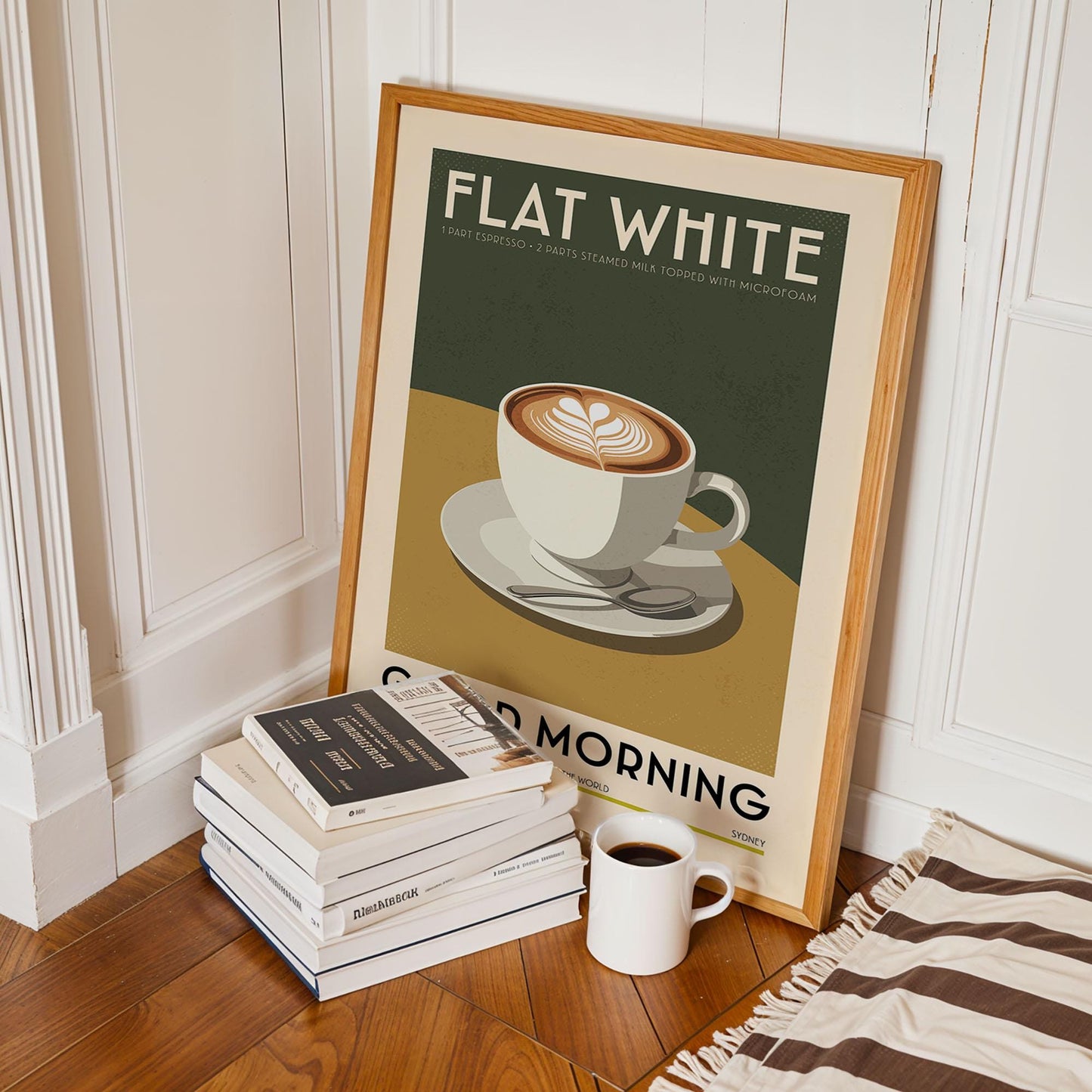 Flat White Coffee Poster, Kitchen Coffee Bar Art Print, Coffee Bar Sign | Vintage Coffee Poster | Kitchen Wall Art for Coffee Bar