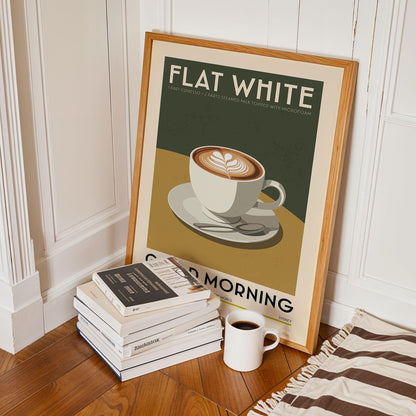 Flat White Coffee Poster, Kitchen Coffee Bar Art Print, Coffee Bar Sign | Vintage Coffee Poster | Kitchen Wall Art for Coffee Bar