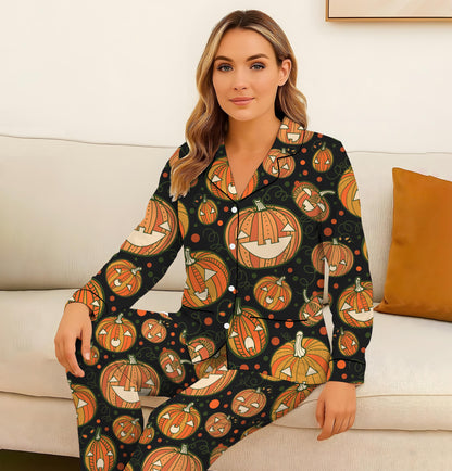 Halloween Pumpkin Pajamas Set, Scary Pumpkin Sleepwear, Halloween Pattern Homewear, Cozy Loungewear, Spooky Season Gift