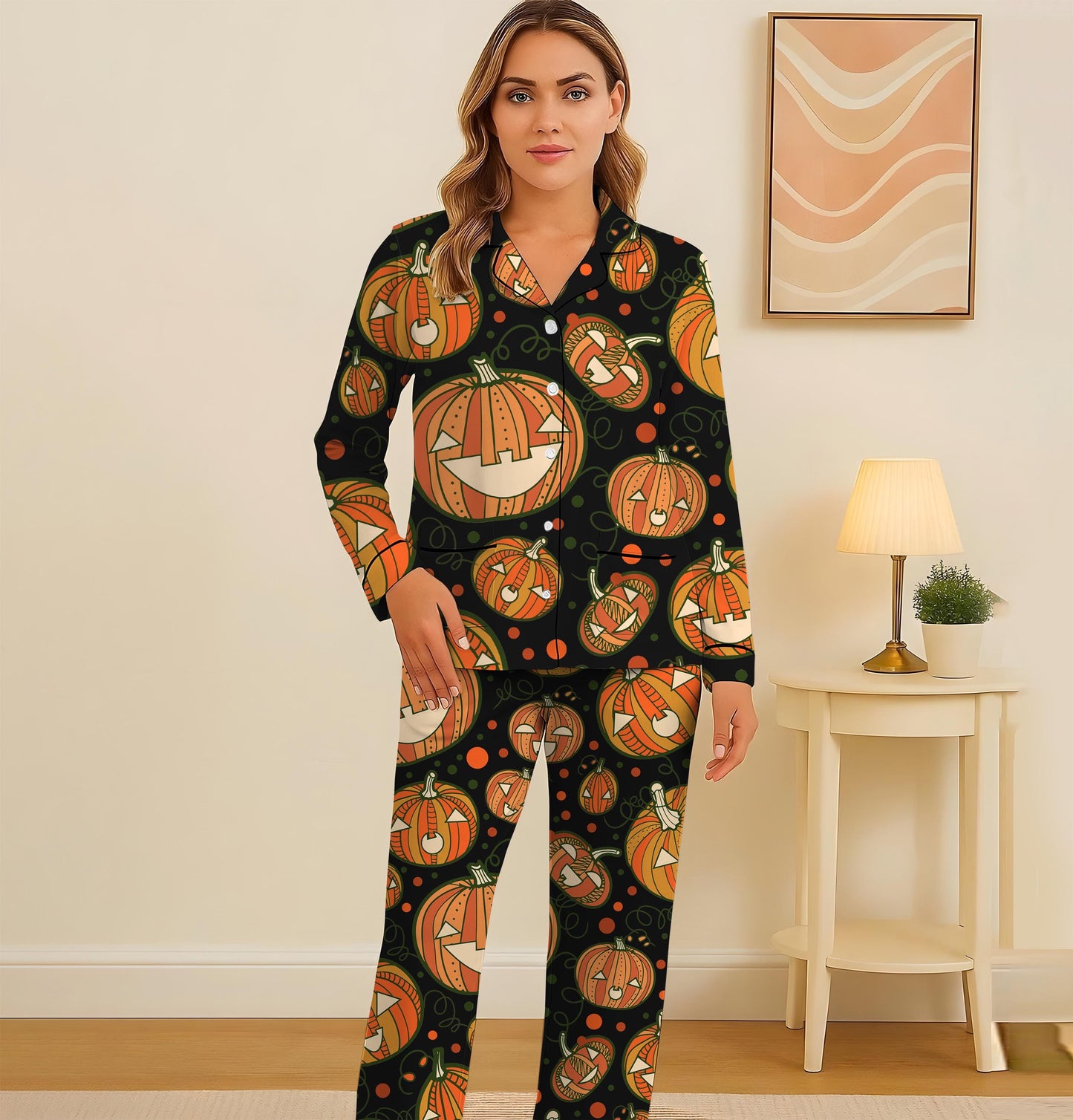 Halloween Pumpkin Pajamas Set, Scary Pumpkin Sleepwear, Halloween Pattern Homewear, Cozy Loungewear, Spooky Season Gift