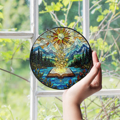 Open Book and Sun Rays Stained Glass Suncatcher Window Hanging Nature Gift for Teachers