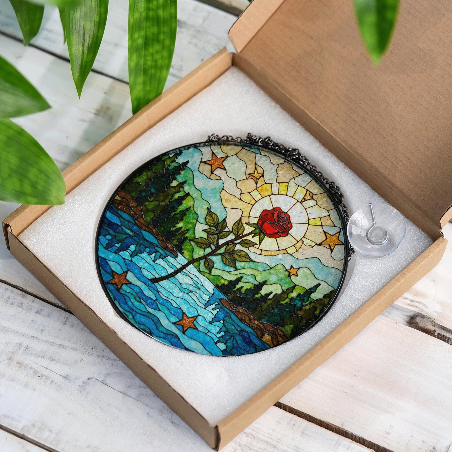 Red rose forest river stained glass round suncatcher window hanging nature decor gift for her birthday