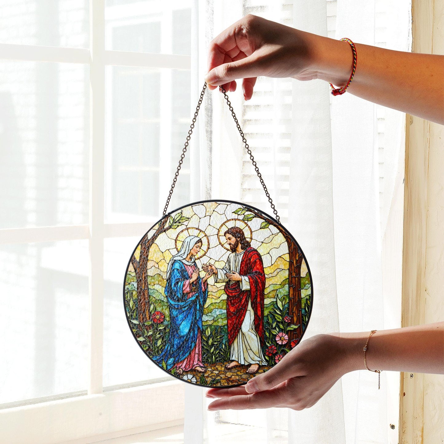 Jesus and Mary stained glass suncatcher religious window decor Easter Christian gift