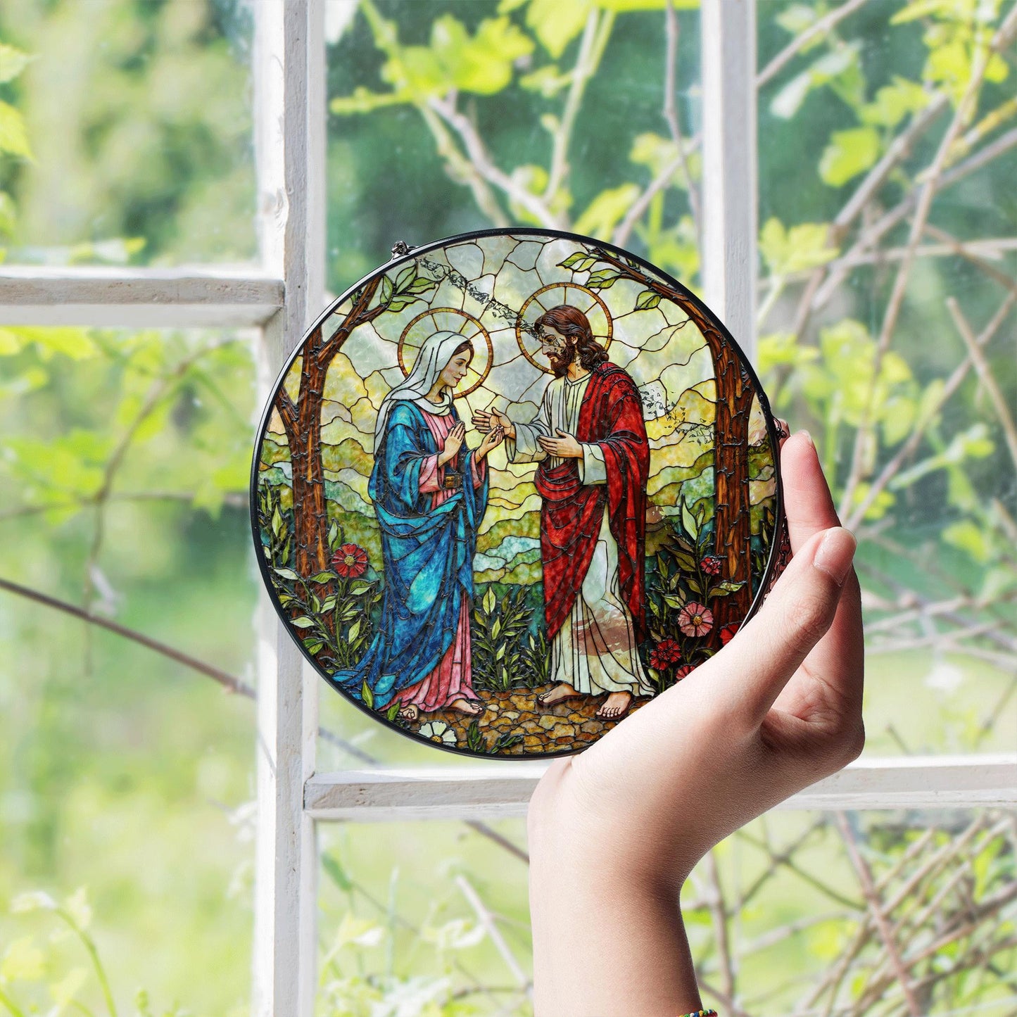 Jesus and Mary stained glass suncatcher religious window decor Easter Christian gift