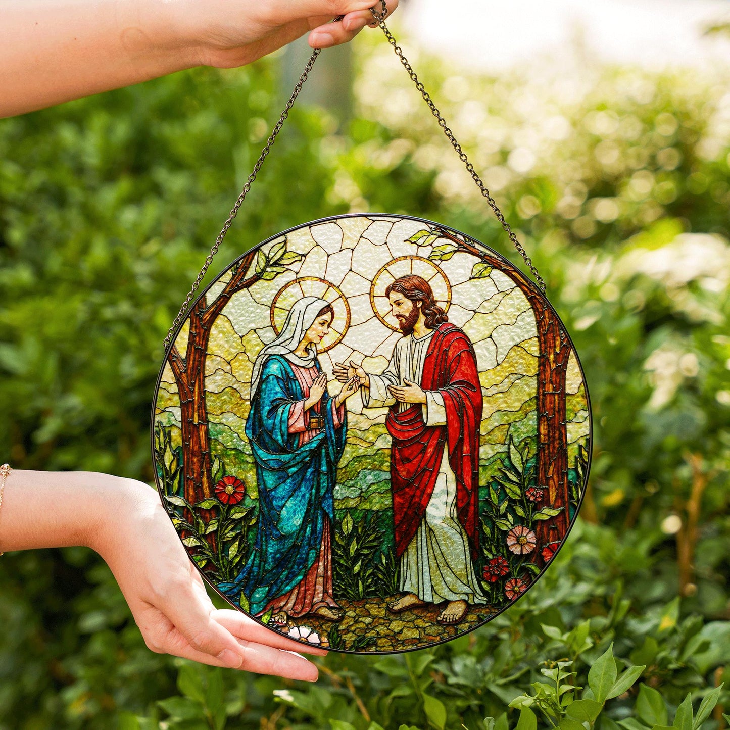 Jesus and Mary stained glass suncatcher religious window decor Easter Christian gift