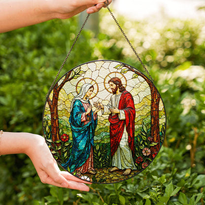 Jesus and Mary stained glass suncatcher religious window decor Easter Christian gift