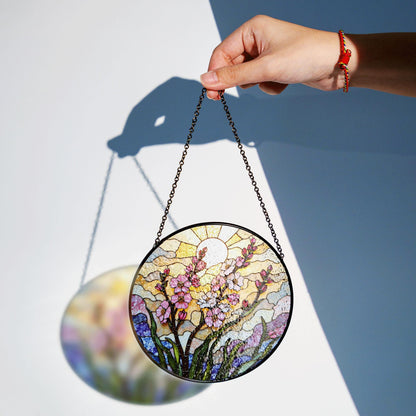Pink flower stained glass round suncatcher window decor spring gift