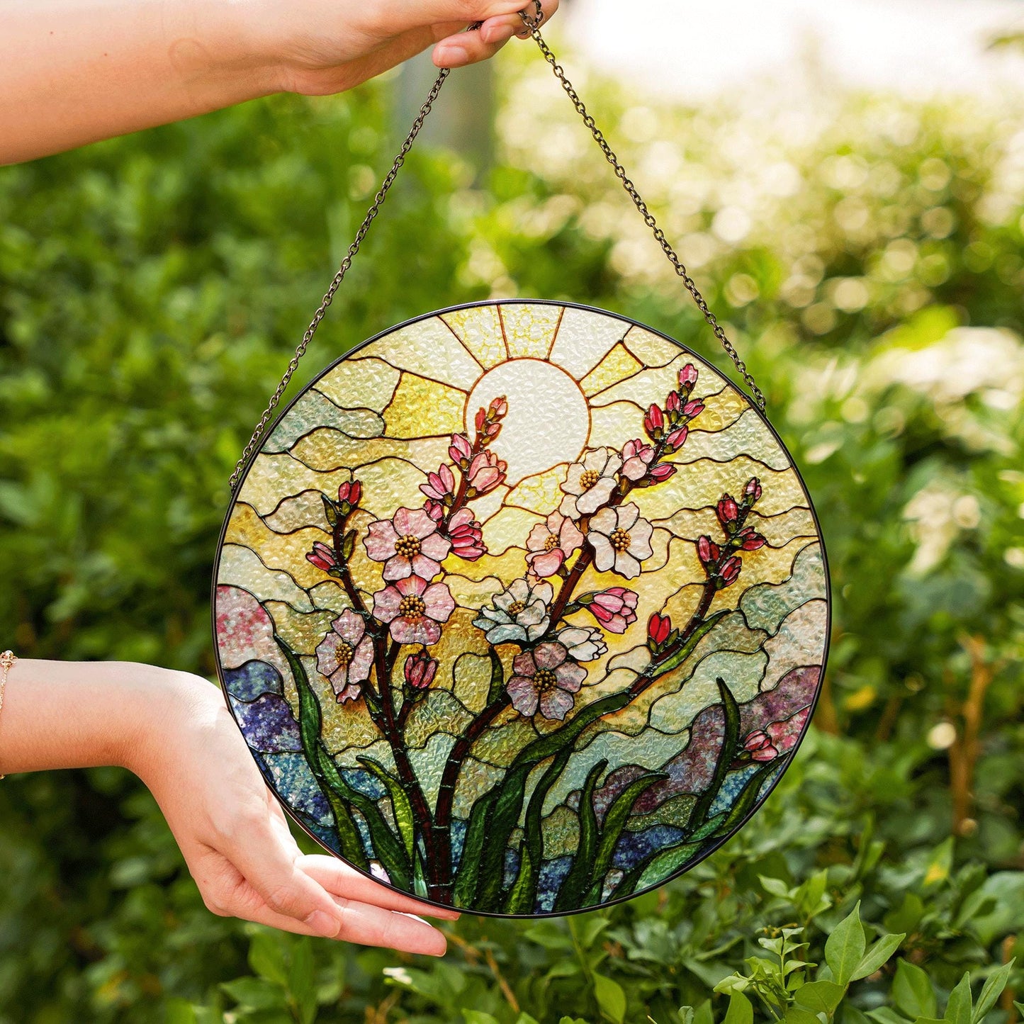 Pink flower stained glass round suncatcher window decor spring gift
