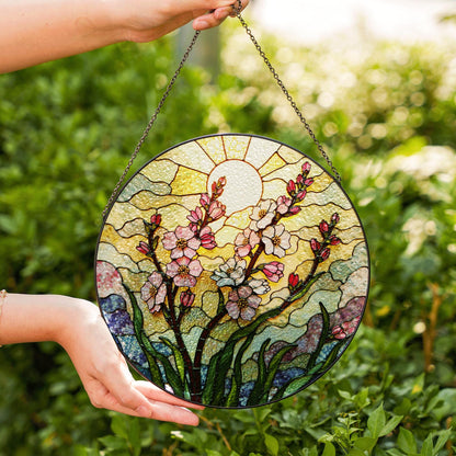 Pink flower stained glass round suncatcher window decor spring gift