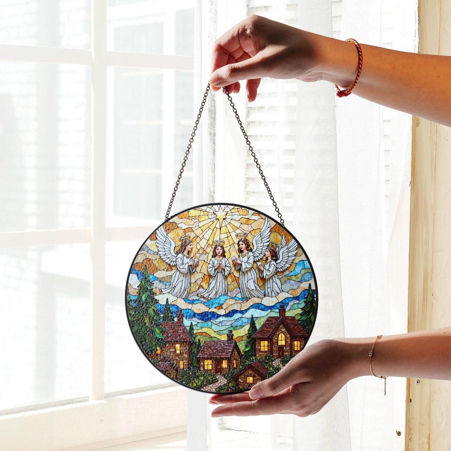 Stained Glass Angel Choir Over Cozy Village Christmas Window Suncatcher Gift for Mom Grandma or Religious Friend
