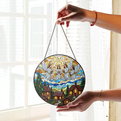 Stained Glass Angel Choir Over Cozy Village Christmas Window Suncatcher Gift for Mom Grandma or Religious Friend