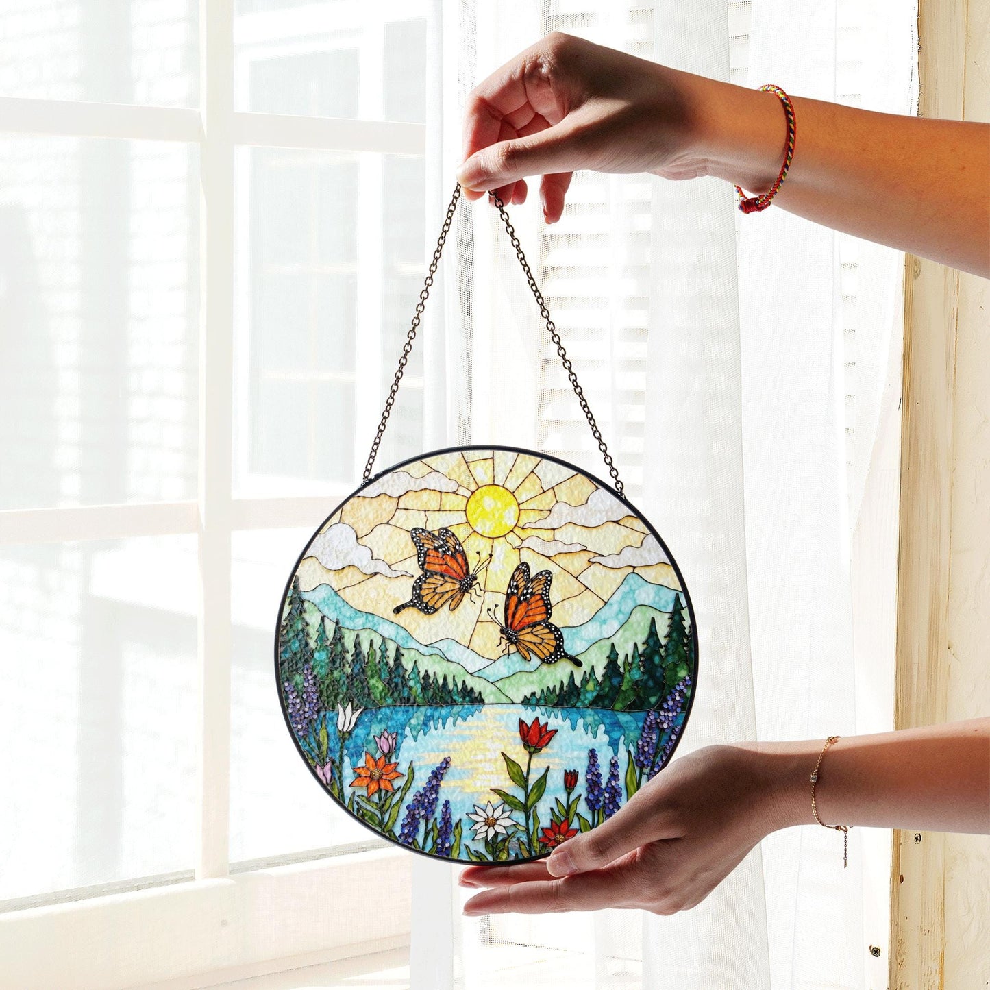 Monarch butterflies over lake and wildflowers round suncatcher nature window hanging gift for mom