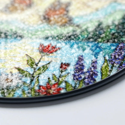 Monarch butterflies over lake and wildflowers round suncatcher nature window hanging gift for mom