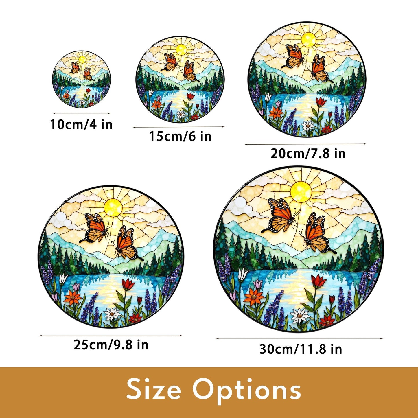Monarch butterflies over lake and wildflowers round suncatcher nature window hanging gift for mom