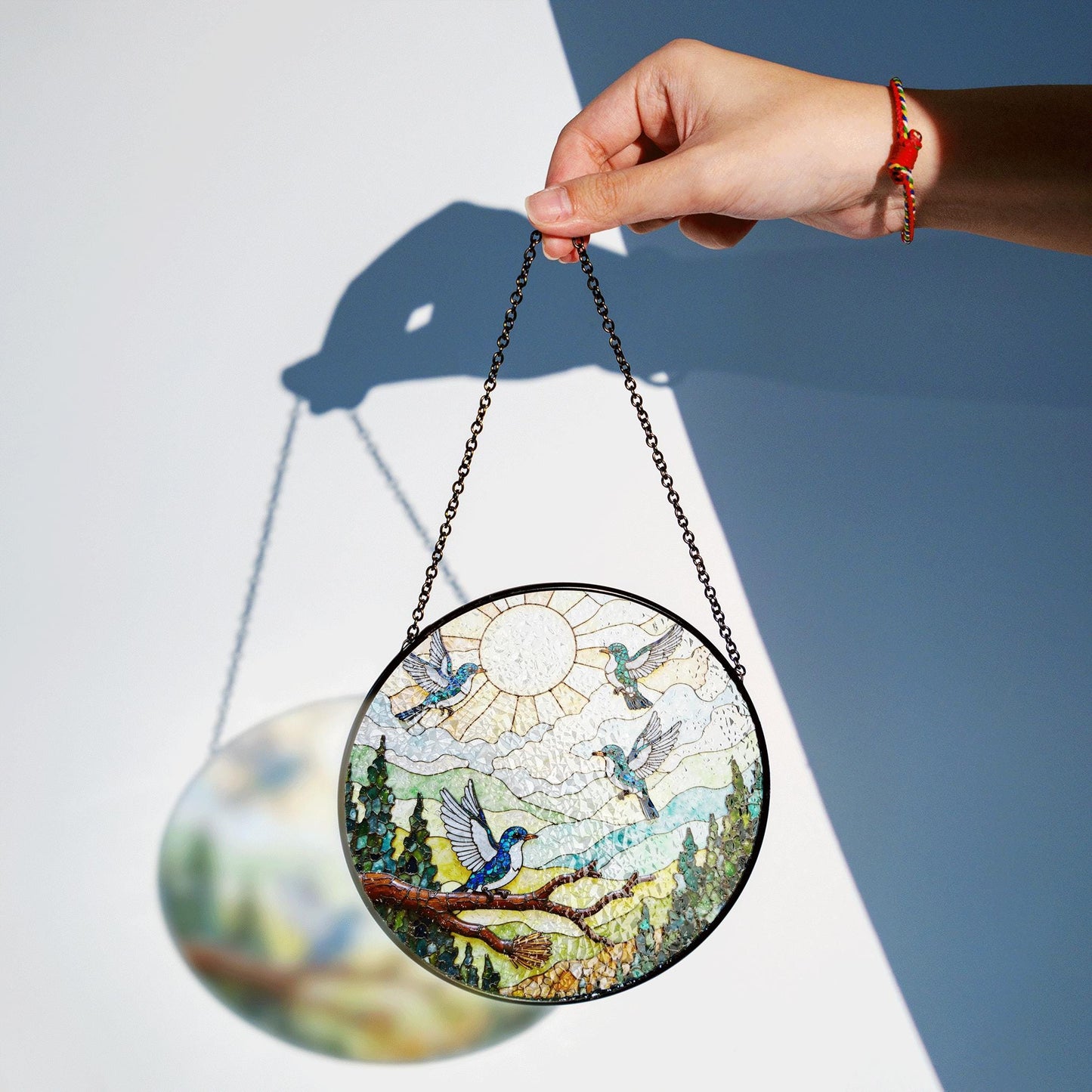 Colorful hummingbirds forest art glass suncatcher window hanging gift for mom birthday