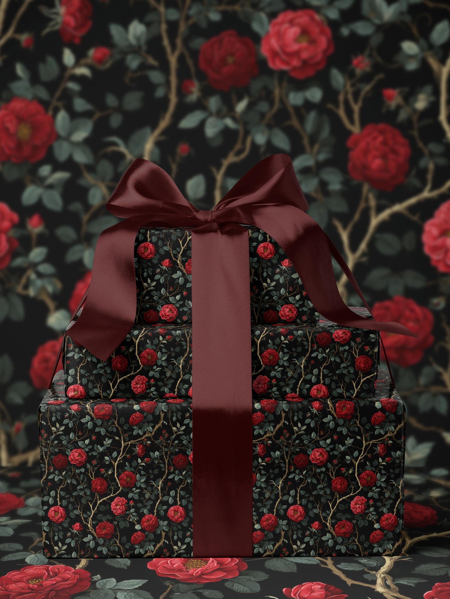 Dark Floral Wrapping Paper Rose Gift Wrap Botanical Flower Print Wedding Gift Wrapping Paper Roll Moody Flower Art Romantic Gift for Her
