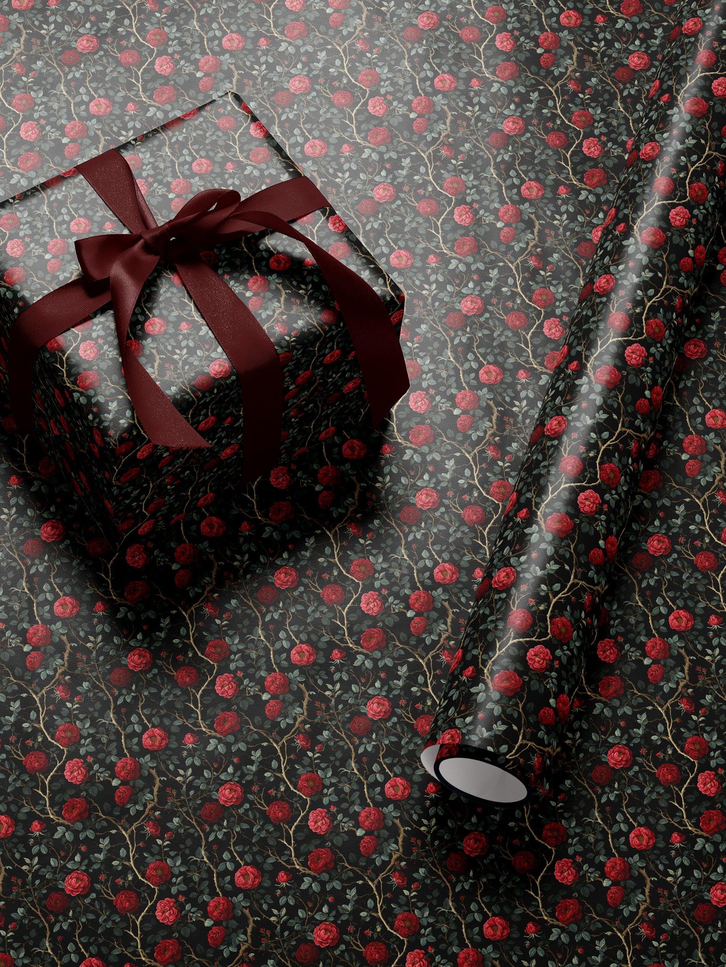 Dark Floral Wrapping Paper Rose Gift Wrap Botanical Flower Print Wedding Gift Wrapping Paper Roll Moody Flower Art Romantic Gift for Her