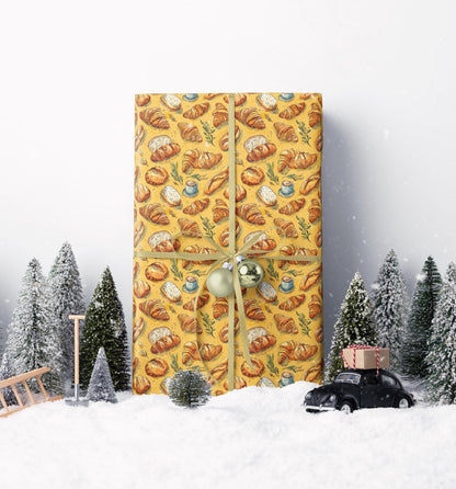 Farmers Market Wrapping Paper Roll Eco Rustic Bakery Theme Baguettes Croissants Farmhouse Kitchen French Food Gift Wrap #85