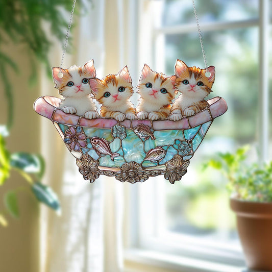 Cute Kittens Hanging Window Decor, Adorable Cat Lover Gift, Colorful Kitty Basket Ornament for Home, Pet Lovers Room Decoration