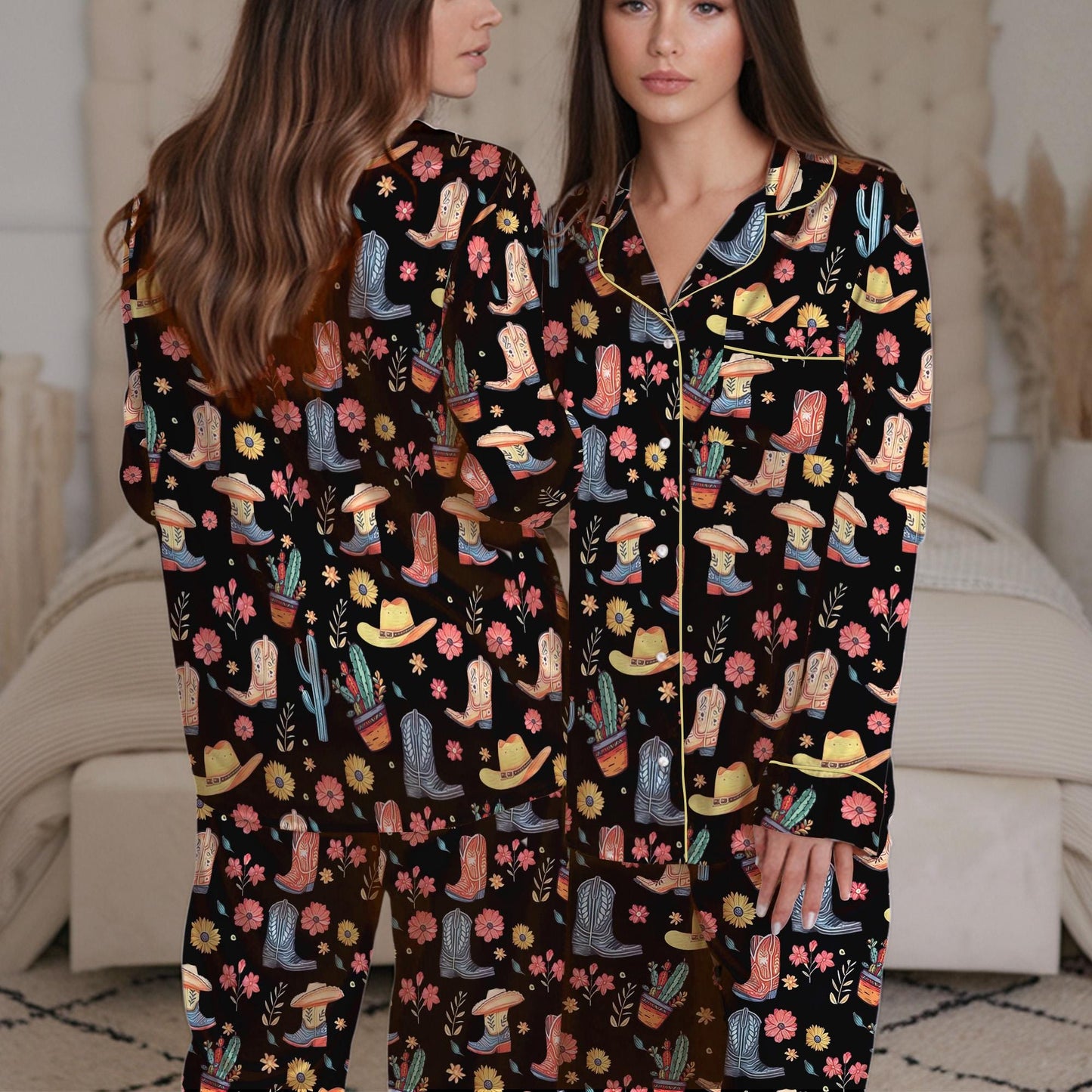 Western Boots Pajama Set, Rodeo Sleepwear, Southwestern Cactus Loungewear Set, Country Boots  Pajamas, Cowboy Boots Pjs, Western Floral