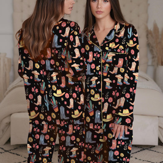 Western Boots Pajama Set, Rodeo Sleepwear, Southwestern Cactus Loungewear Set, Country Boots  Pajamas, Cowboy Boots Pjs, Western Floral