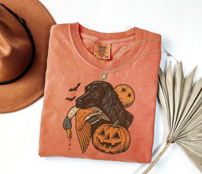 Comfort Colors® Halloween Hunting Dog Shirt, Funny Fall Thanksgiving with Pumpkins Bats Shirt, Spooky Duck Hunt Fall Jack O’ Lantern Shirt