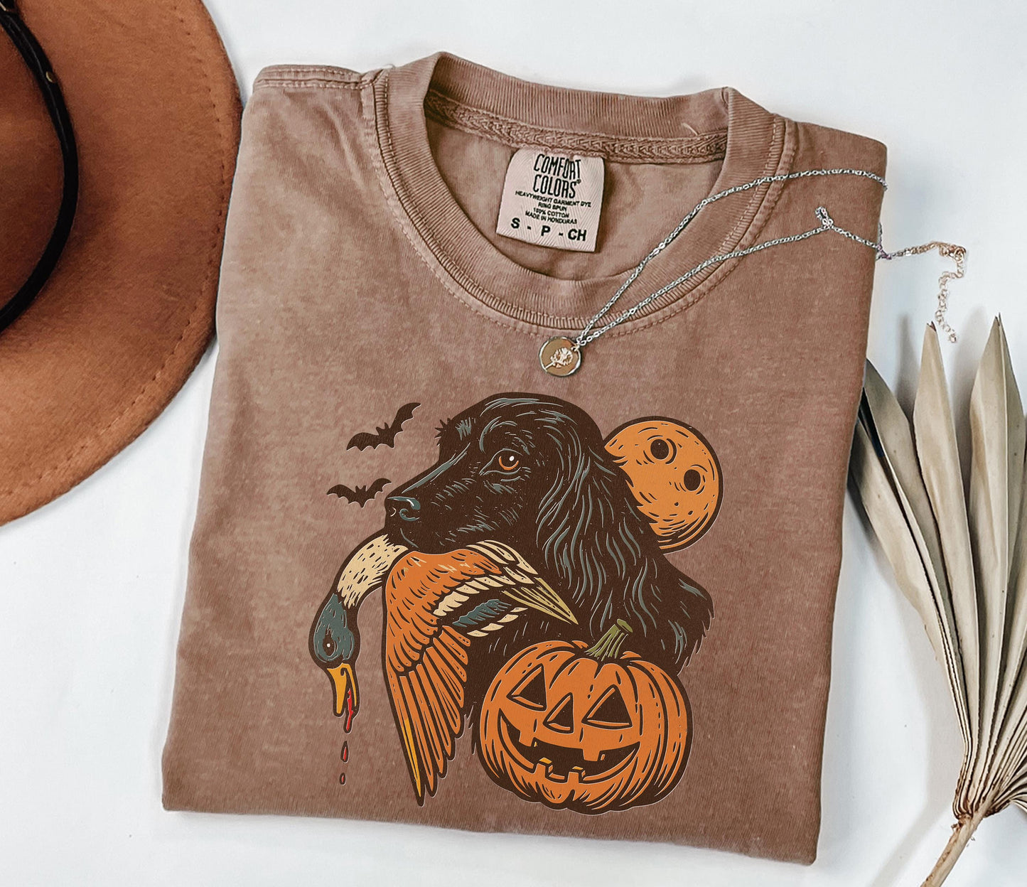 Comfort Colors® Halloween Hunting Dog Shirt, Funny Fall Thanksgiving with Pumpkins Bats Shirt, Spooky Duck Hunt Fall Jack O’ Lantern Shirt